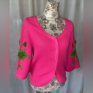 Vintage I’Magnin Hot Pink Embroidered Floral Cropped Cardigan Sweater
